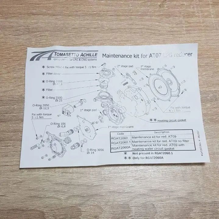 Р/к редуктора газа ГБО Tomasetto AT-07 полный набор, второе поколение